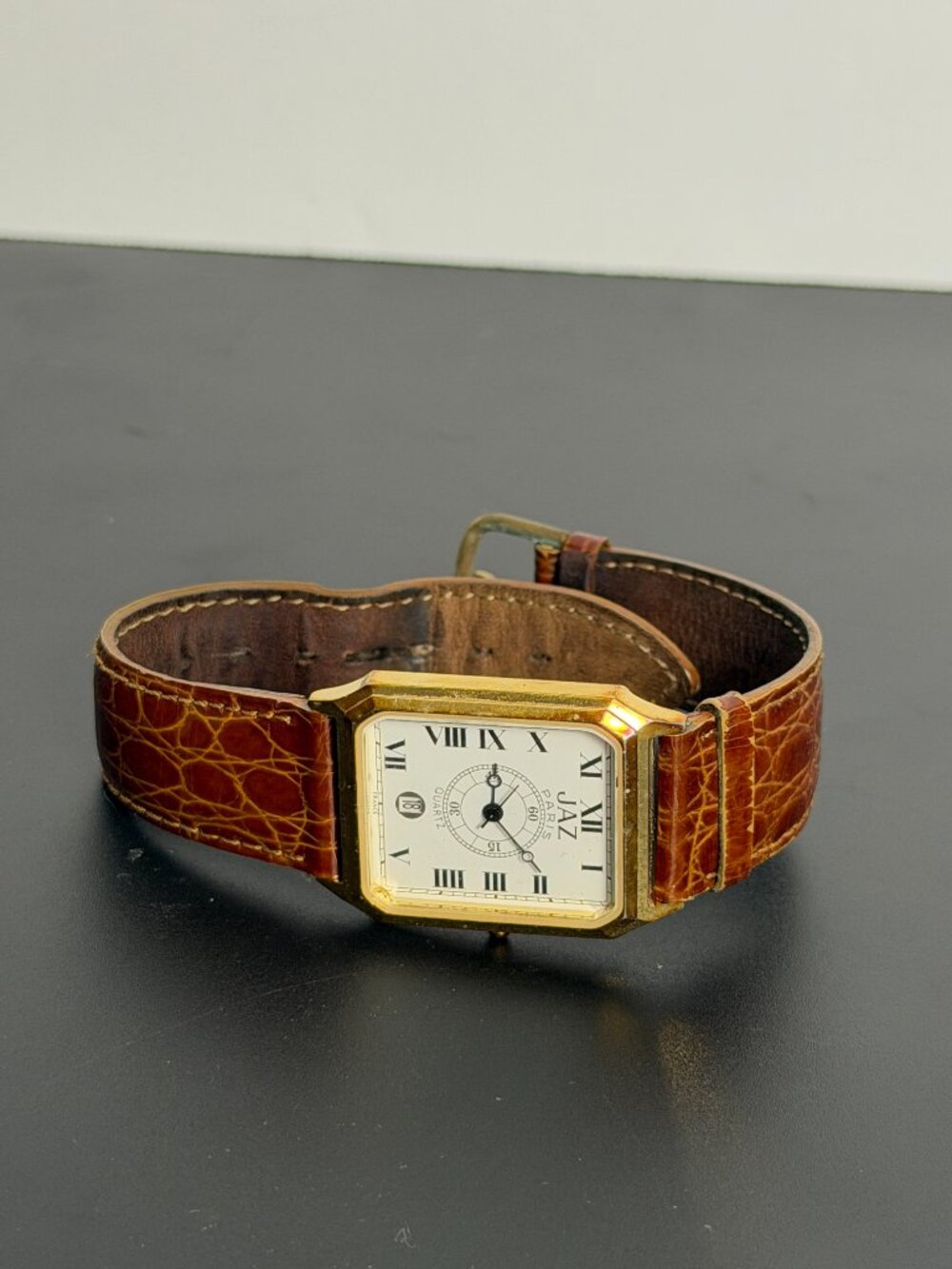 JAZ Paris Vintage Rectangular Quartz Wristwatch Gold Tone Date Leather Band